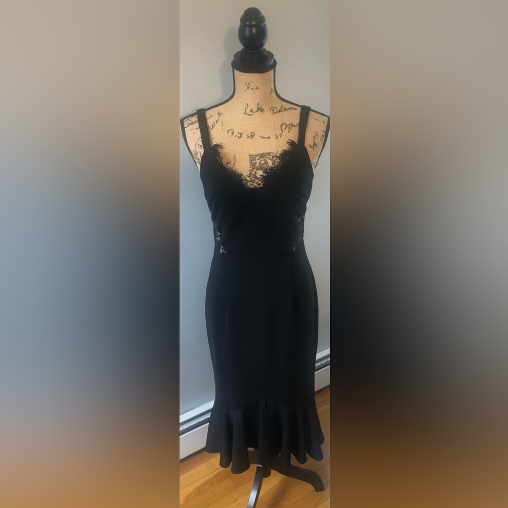 TWO SISTERS THE LABEL BLACK V-NECK MIDI DRESS W/ ILLUSION CUT-OUT LACE DETAILING